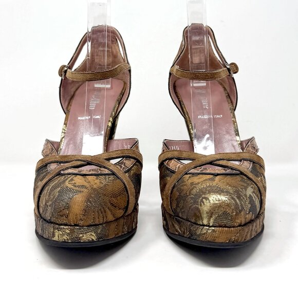 Miu Miu Fall 2004 Runway Heels 38.5 Bronze Brocade Vintage Archive Platform - Picture 5 of 10